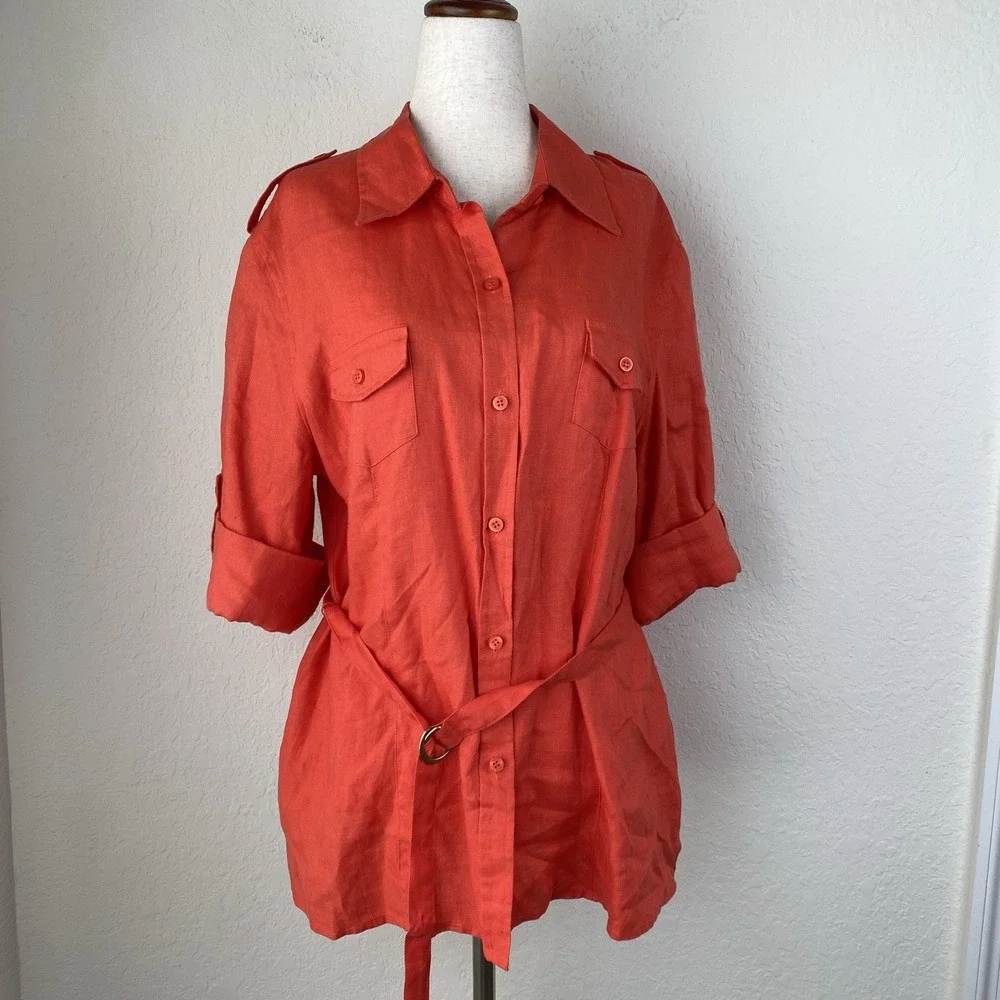 Chaus L Organic Linen Utility Shirt Belted Orange Boyfriend Coastal Lagenlook